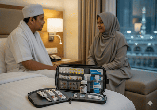 5. Tas travel kecil yang berisi obat-obatan, vitamin, dan pembersih tangan di atas meja di samping tempat tidur di sebuah hotel di Mekah.