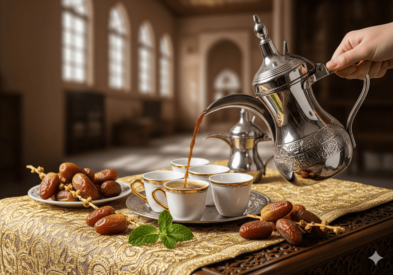 5.Kopi Arab (Qahwa) yang disajikan dengan kurma segar, perpaduan klasik yang mencerminkan keramahan budaya setempat.