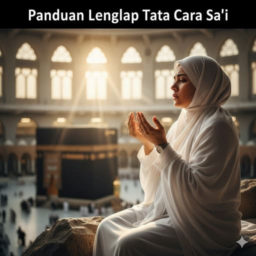 03. Seorang jamaah dengan tangan terangkat dalam doa di bukit Safa, dengan Ka'bah terlihat di kejauhan.