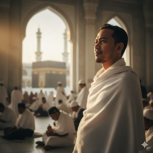 03.-seorang-jamaah-di-bukit-Marwah-melihat-ke-arah-Kabah-dengan-rasa-damai-dan-pencapaian-setelah-menyelesaikan-satu-putaran-bermandikan-cahaya-pagi-yang-lembut.-Tenang-reflektif