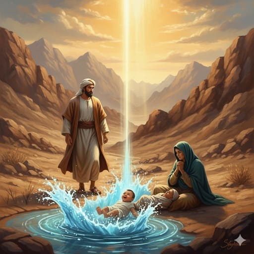 03.Bayi-Ismail-menendang-kakinya-dan-semburan-air-jernih-Zamzam-muncul-secara-ajaib-dari-tanah-tandus-dengan-Siti-Hajar-melihatnya-dengan-takjub-dan-lega