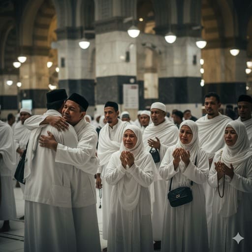05.-sekelompok-jamaah-yang-menyelesaikan-Sai-di-Marwah-dengan-ekspresi-lega-dan-syukur-beberapa-berpelukan-yang-lain-berdoa-dalam-diam.-Pemandangan-yang-emosional-dan-mengharukan